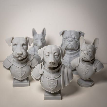 Colección de bustos de perros impresos en 3D en gris con armadura y cuello de encaje