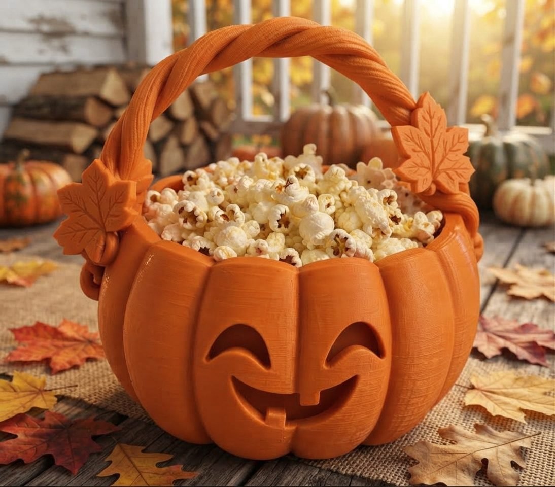Cesta con forma de calabaza sonriente impresa en 3D en PLA naranja, llena de palomitas